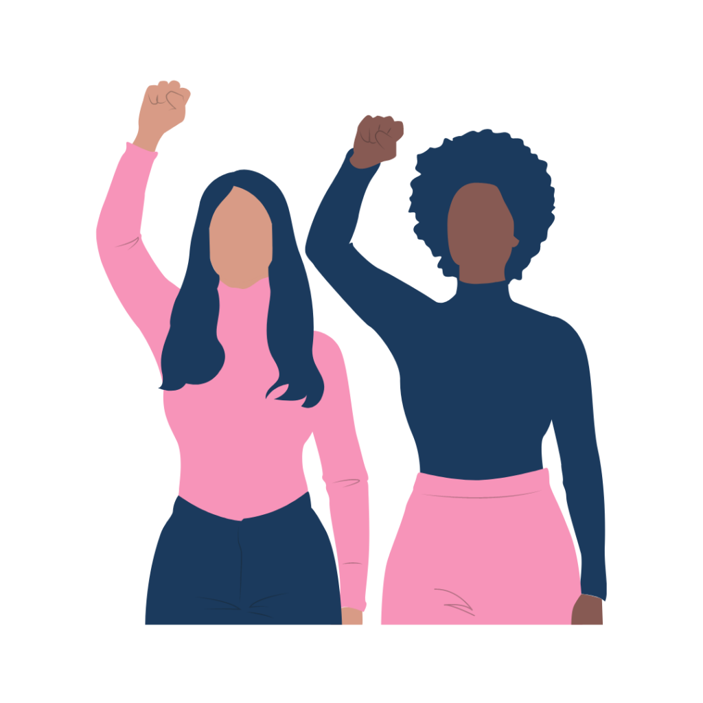 Two women (one white, one Black) raising their right fists in solidarity.